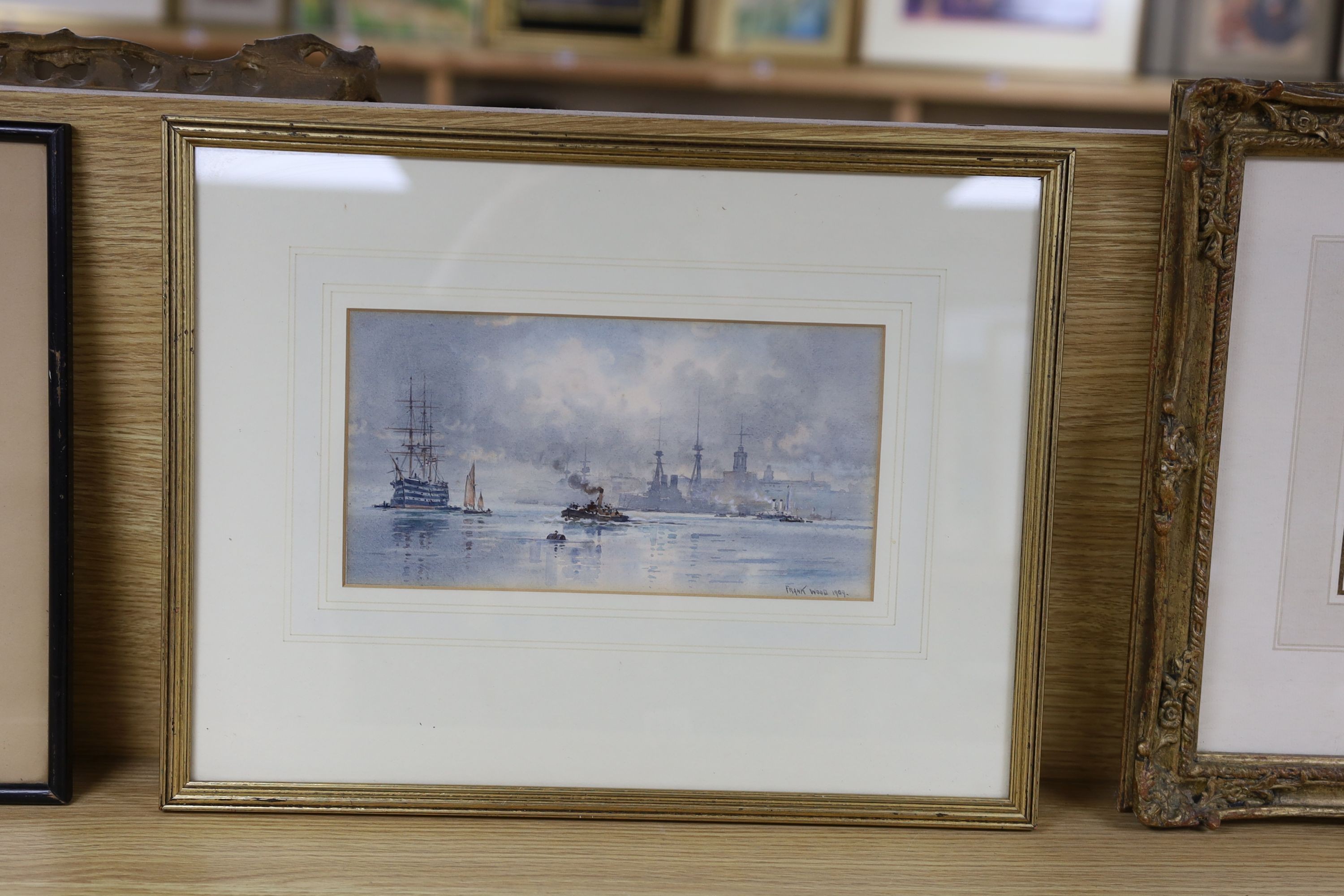 Frank Wood (1904-1985), watercolour, HMS Victory in Portsmouth harbour, signed and dated 1909, 13 x 26cm